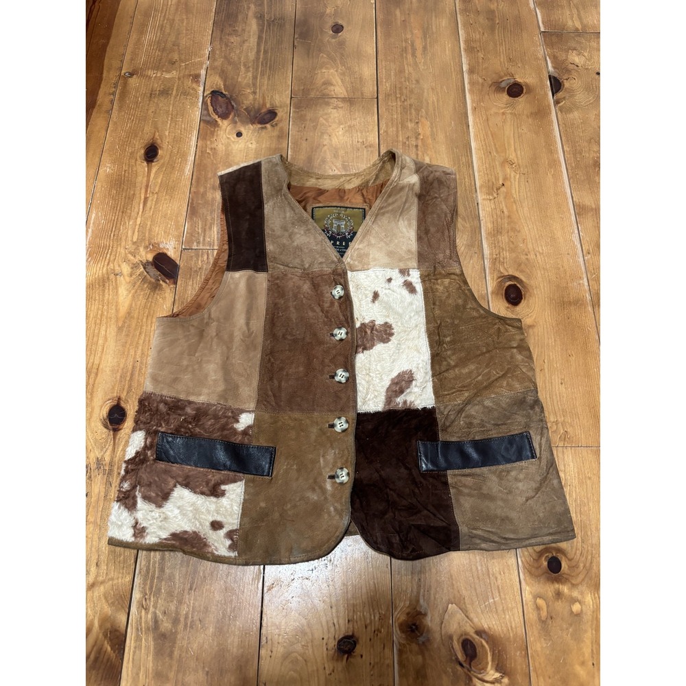 EXPRESS Women's Patchwork Suede Faux Fur Vest Brown White Cowhide Size L